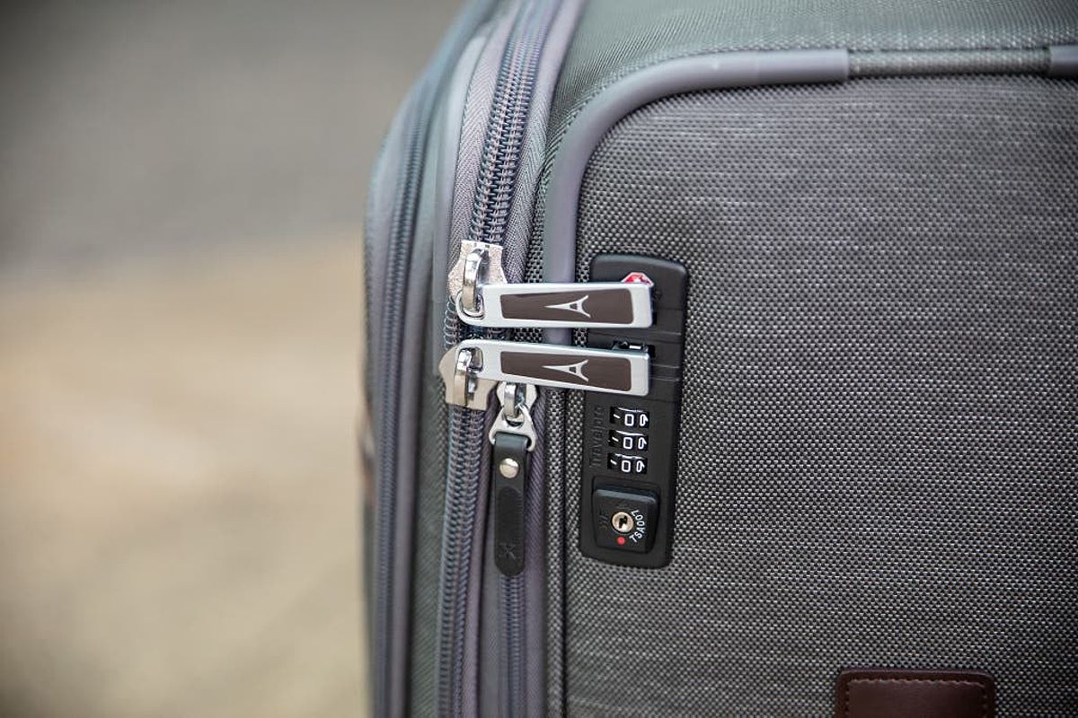 Close-up of the Built-in TSA combination lock on a Travelpro Platinum Elite Expandable Spinner