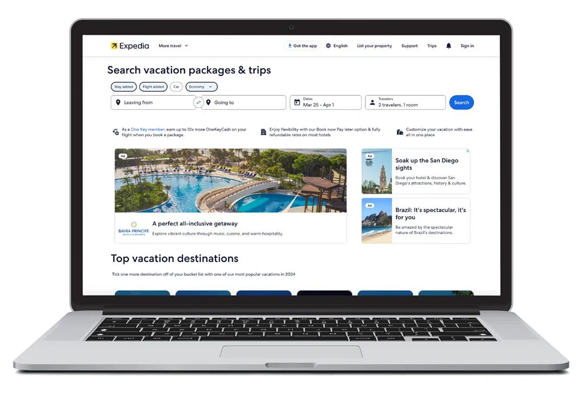 Illustration of a laptop computer screen showing the vacation packages search page for Expedia