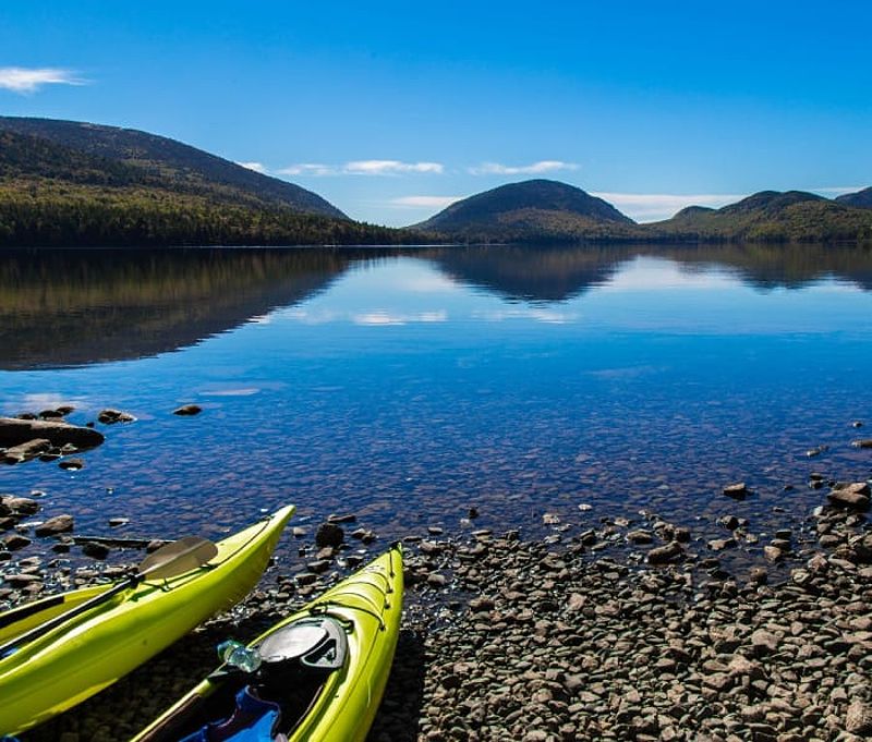 Two kayaks on a rocky shore on Mount Desert Island