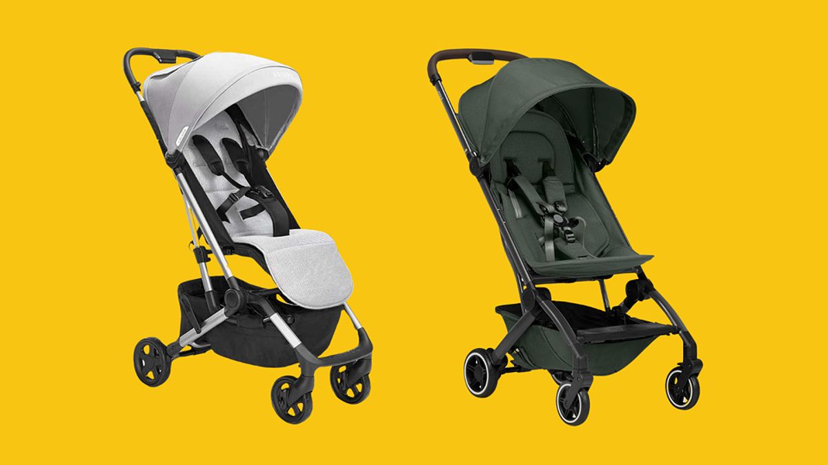 Two of the best travel strollers against a bright yellow background